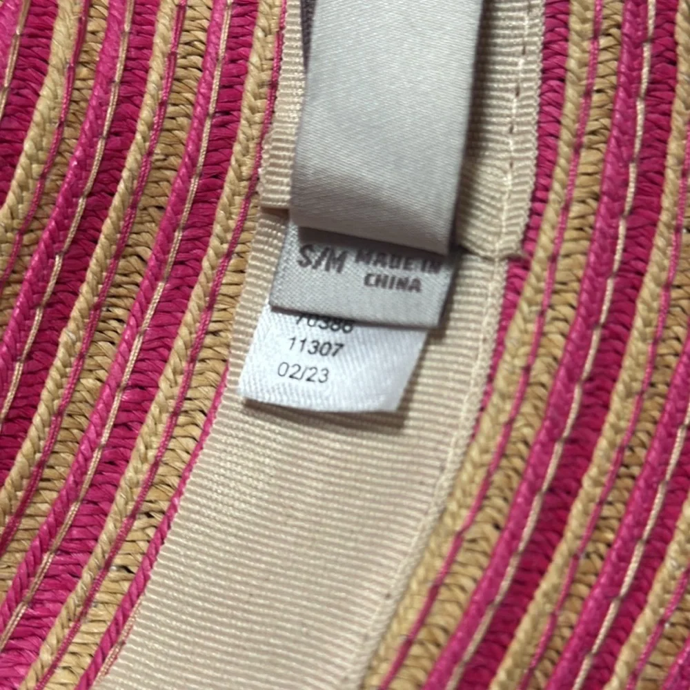 LOFT pink tan stripe woven straw wide brim floppy sun hat size small/medium